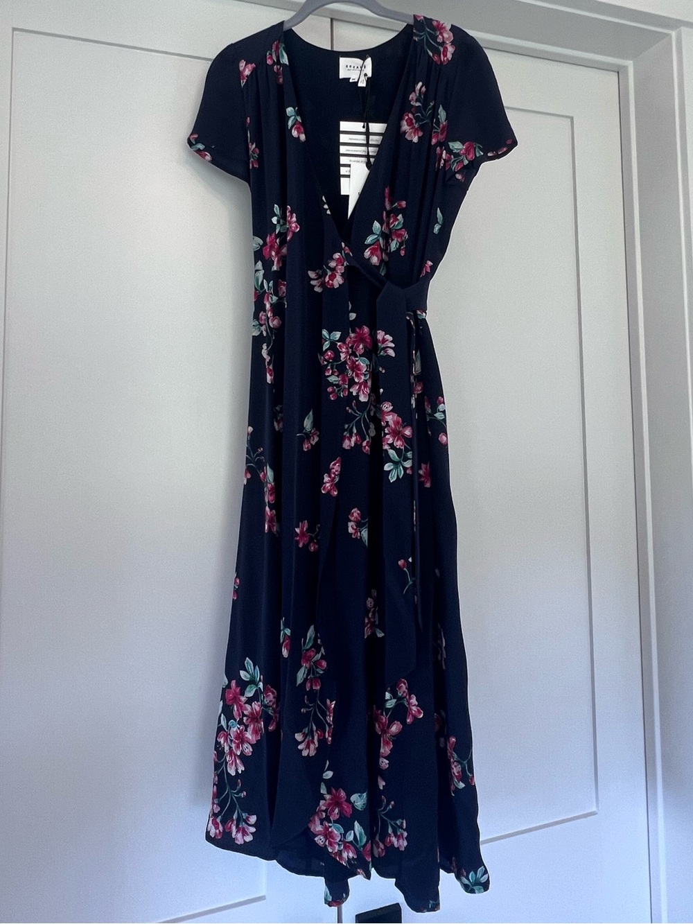 Sézane Navy Floral Wrap Midi Dress - Navy with Pink Floral Print - Picture 4 of 5